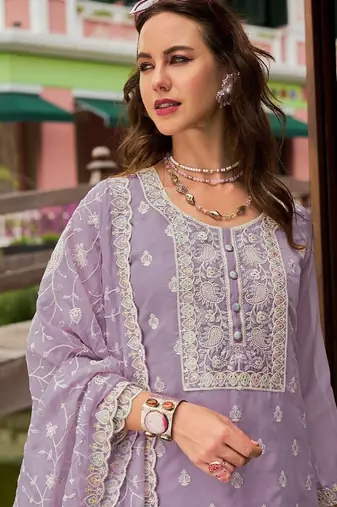 Floral Embroidered Round Neck Mirror Work Organza Kurta & Trouser & Dupatta