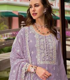 Floral Embroidered Round Neck Mirror Work Organza Kurta & Trouser & Dupatta