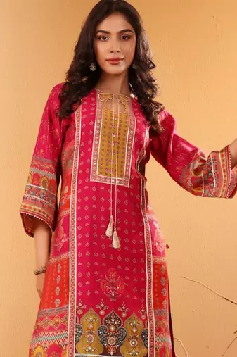 Ethnic Motifs Printed Sequinned Chanderi Silk Kurta with Trousers And Dupatta