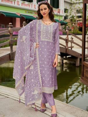 Floral Embroidered Round Neck Mirror Work Organza Kurta & Trouser & Dupatta 3