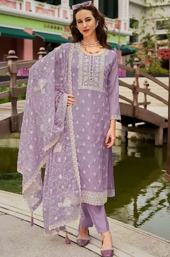 Floral Embroidered Round Neck Mirror Work Organza Kurta & Trouser & Dupatta