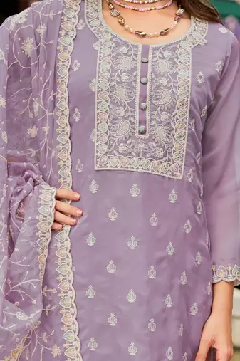 Floral Embroidered Round Neck Mirror Work Organza Kurta & Trouser & Dupatta