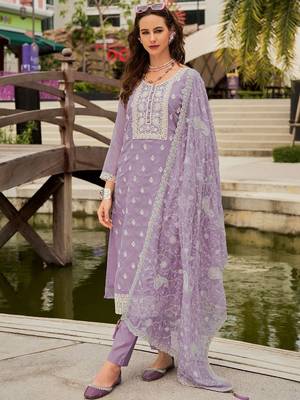 Floral Embroidered Round Neck Mirror Work Organza Kurta & Trouser & Dupatta 1