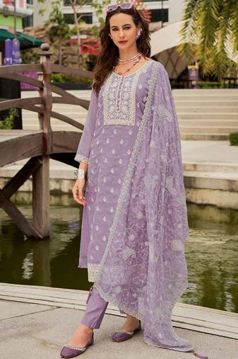 Floral Embroidered Round Neck Mirror Work Organza Kurta & Trouser & Dupatta