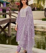 Floral Embroidered Round Neck Mirror Work Organza Kurta & Trouser & Dupatta