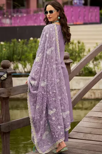 Floral Embroidered Round Neck Mirror Work Organza Kurta & Trouser & Dupatta