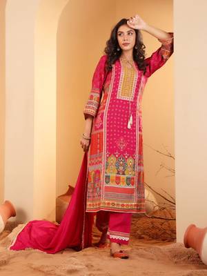 Ethnic Motifs Printed Sequinned Chanderi Silk Kurta with Trousers And Dupatta 1