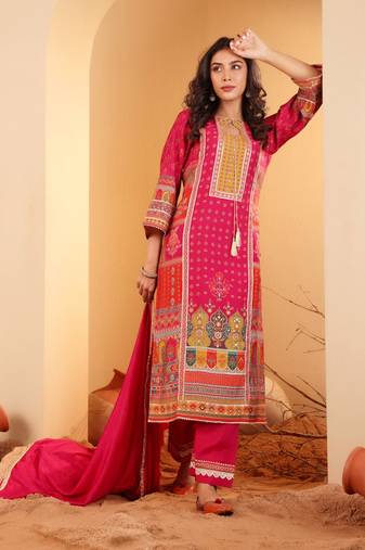 Ethnic Motifs Printed Sequinned Chanderi Silk Kurta with Trousers And Dupatta