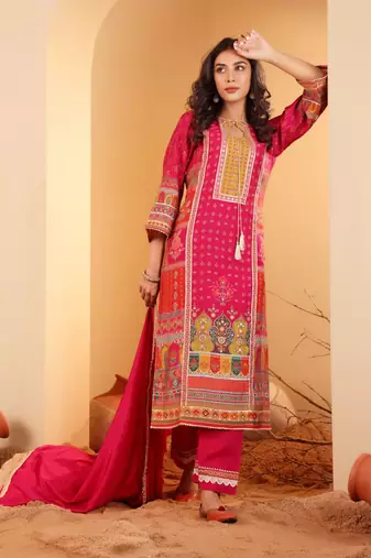 Ethnic Motifs Printed Sequinned Chanderi Silk Kurta with Trousers And Dupatta