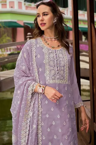 Floral Embroidered Round Neck Mirror Work Organza Kurta & Trouser & Dupatta