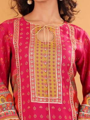 Ethnic Motifs Printed Sequinned Chanderi Silk Kurta with Trousers And Dupatta 3