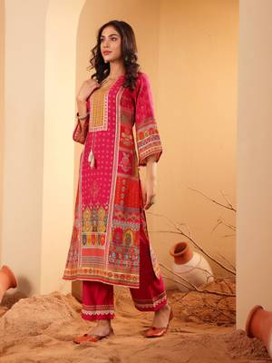 Ethnic Motifs Printed Sequinned Chanderi Silk Kurta with Trousers And Dupatta 4
