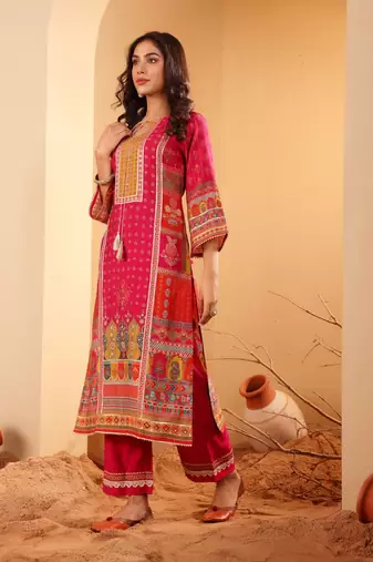 Ethnic Motifs Printed Sequinned Chanderi Silk Kurta with Trousers And Dupatta