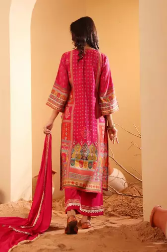 Ethnic Motifs Printed Sequinned Chanderi Silk Kurta with Trousers And Dupatta