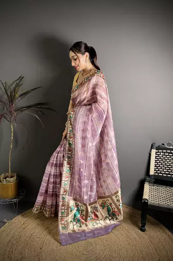 lilac slub cotton blend printed saree with unstitched blouse piece.
