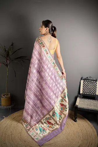 lilac slub cotton blend printed saree with unstitched blouse piece.