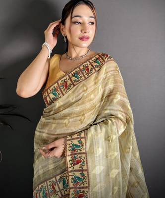 olive slub cotton blend printed saree with unstitched blouse piece. 1
