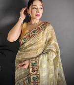 olive slub cotton blend printed saree with unstitched blouse piece.