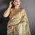 olive slub cotton blend printed saree with unstitched blouse piece.