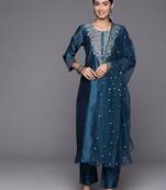 Floral zari Embroidered Chanderi Silk Kurta with Trousers & Dupatta
