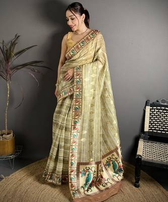 olive slub cotton blend printed saree with unstitched blouse piece. 2