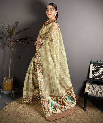 olive slub cotton blend printed saree with unstitched blouse piece. 3