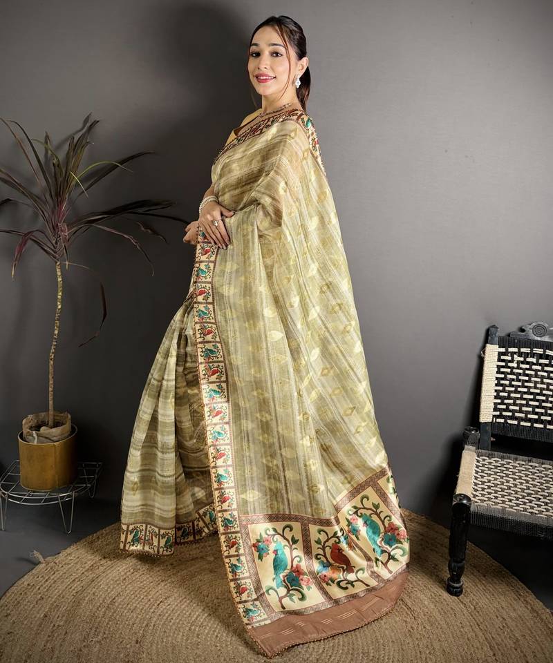 olive slub cotton blend printed saree with unstitched blouse piece.