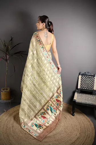 olive slub cotton blend printed saree with unstitched blouse piece.
