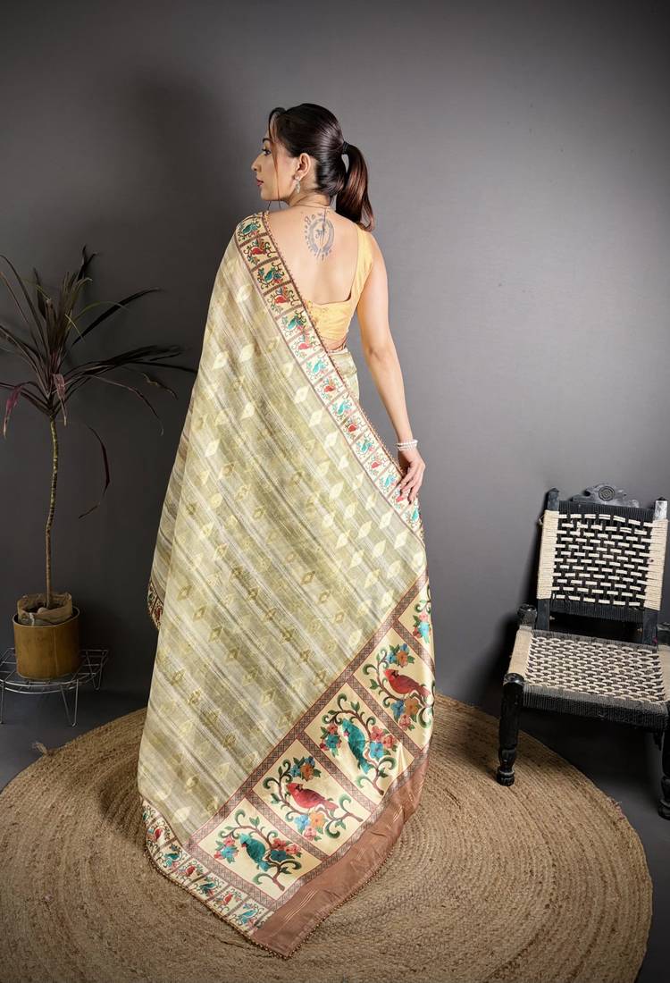 olive slub cotton blend printed saree with unstitched blouse piece.