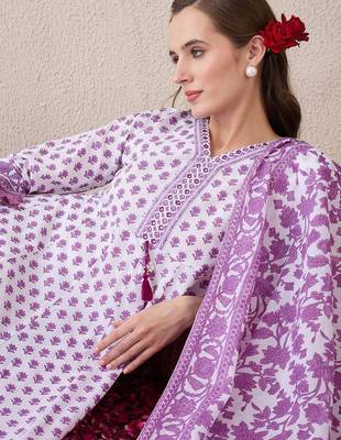 Floral Printed V-Neck Empire  Cotton Anarkali Kurta With Trouser And Dupatta 2