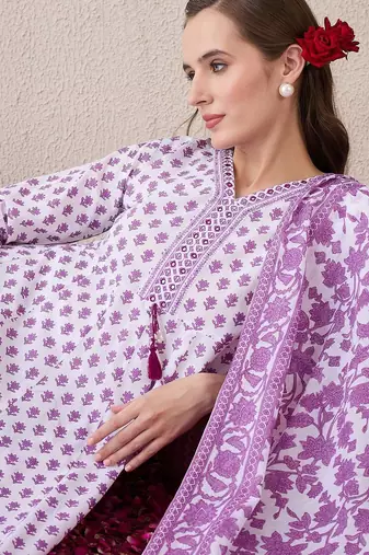 Floral Printed V-Neck Empire Pure Cotton Anarkali Kurta With Trouser And Dupatta