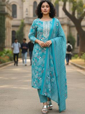 Women Floral Printed Regular Thread Work  Cotton Kurta with Trousers & With Dupatta 1
