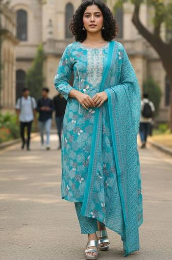 Women Floral Printed Regular Thread Work Pure Cotton Kurta with Trousers & With Dupatta