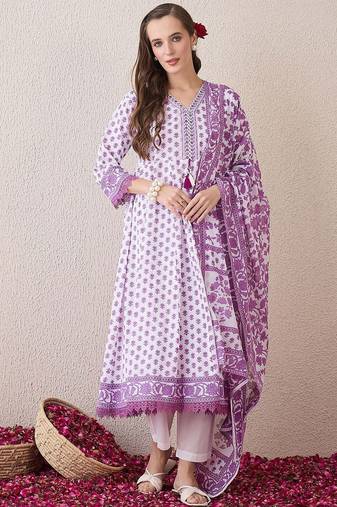 Floral Printed V-Neck Empire  Cotton Anarkali Kurta With Trouser And Dupatta