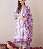 Floral Printed V-Neck Empire  Cotton Anarkali Kurta With Trouser And Dupatta