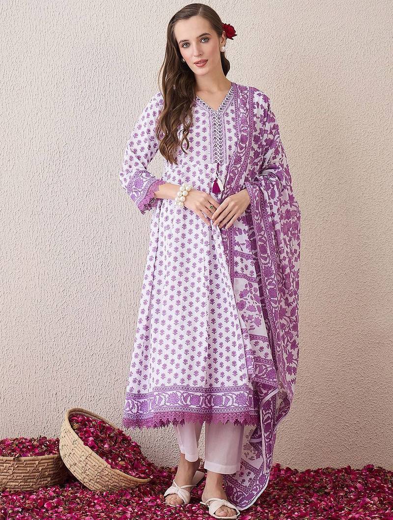 Floral Printed V-Neck Empire Pure Cotton Anarkali Kurta With Trouser And Dupatta