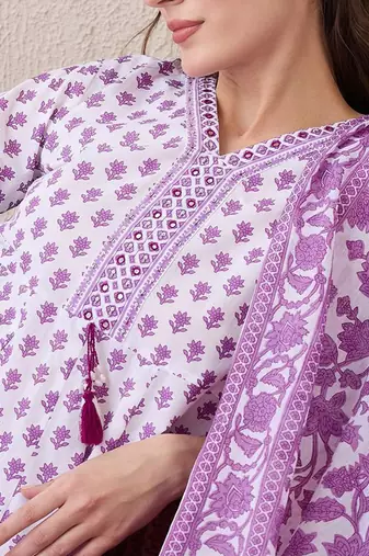 Floral Printed V-Neck Empire Pure Cotton Anarkali Kurta With Trouser And Dupatta