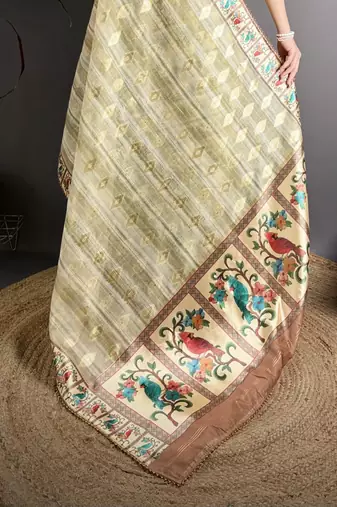olive slub cotton blend printed saree with unstitched blouse piece.