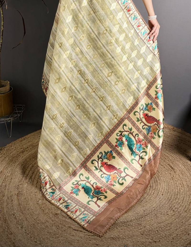 olive slub cotton blend printed saree with unstitched blouse piece.