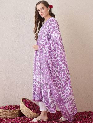 Floral Printed V-Neck Empire  Cotton Anarkali Kurta With Trouser And Dupatta 5