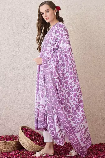Floral Printed V-Neck Empire Pure Cotton Anarkali Kurta With Trouser And Dupatta