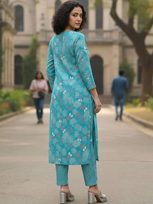 Women Floral Printed Regular Thread Work  Cotton Kurta with Trousers & With Dupatta 2