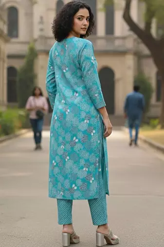 Women Floral Printed Regular Thread Work  Cotton Kurta with Trousers & With Dupatta