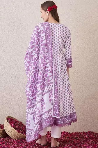 Floral Printed V-Neck Empire Pure Cotton Anarkali Kurta With Trouser And Dupatta