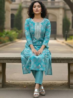 Women Floral Printed Regular Thread Work  Cotton Kurta with Trousers & With Dupatta 3