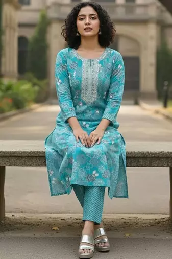 Women Floral Printed Regular Thread Work  Cotton Kurta with Trousers & With Dupatta