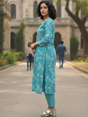 Women Floral Printed Regular Thread Work  Cotton Kurta with Trousers & With Dupatta 4