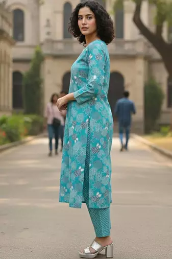 Women Floral Printed Regular Thread Work  Cotton Kurta with Trousers & With Dupatta