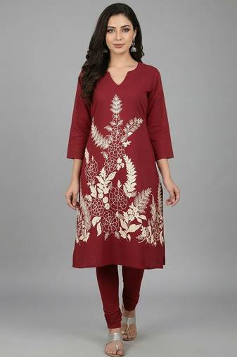 Maroon floral embroidered long kurti