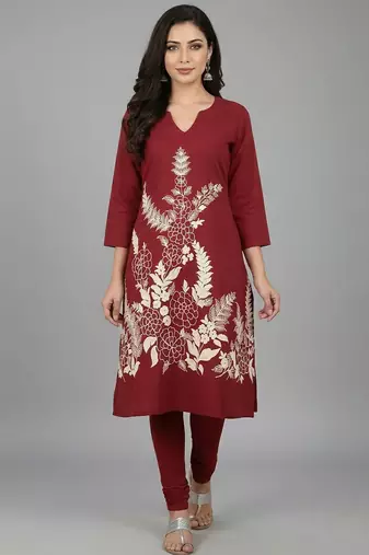 Maroon floral embroidered long kurti